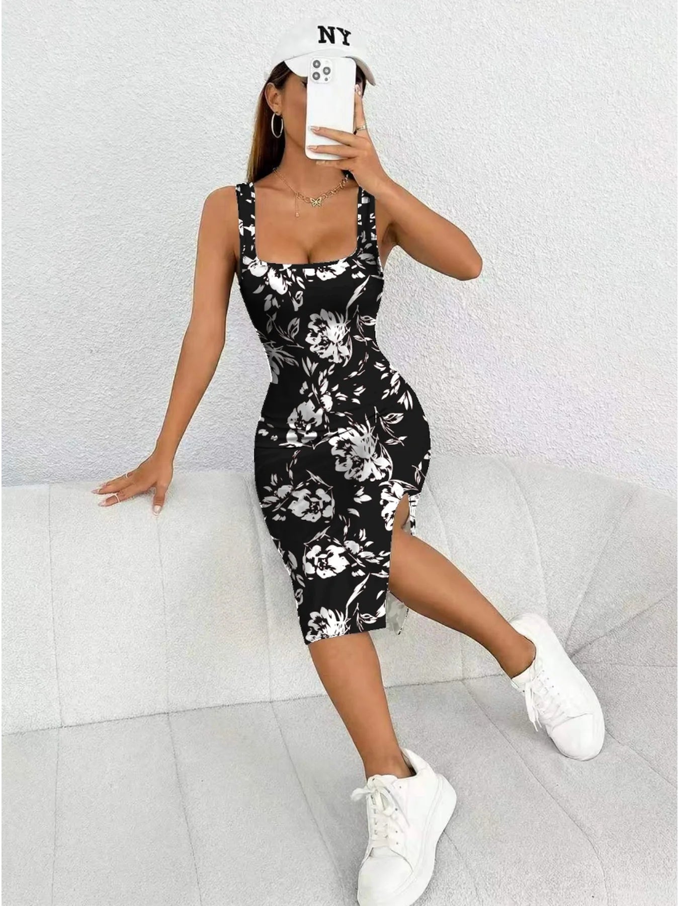Robe mi-longue décontractée et élégante pour femme, col carré, motif géométrique, motif floral, fente latérale, idéale pour l'été