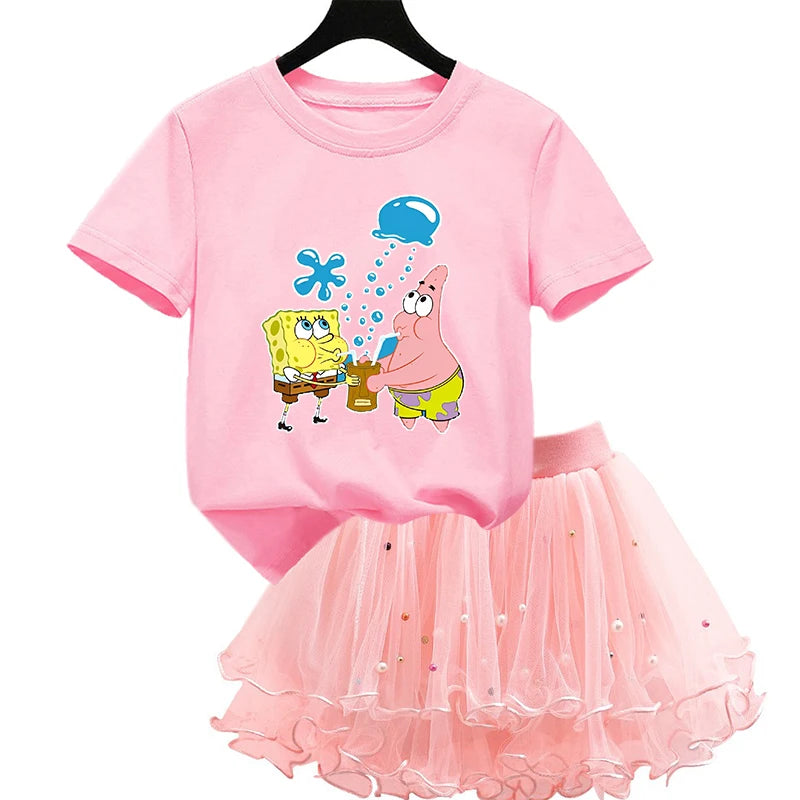Robe Bob l'éponge pour filles, vêtements d'anniversaire pour enfants, robe de princesse de fête, T-shirt + jupe Tutu, cadeau de soirée d'été, 2 pièces/ensemble