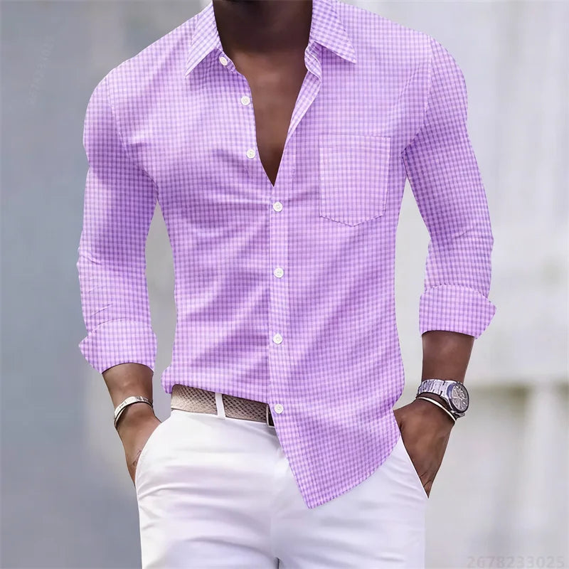 Chemise pour hommes 13 couleurs, chemise à manches longues à carreaux bleu clair et blanc, haut pour hommes coupe slim, décontracté, d'affaires et de déplacement.