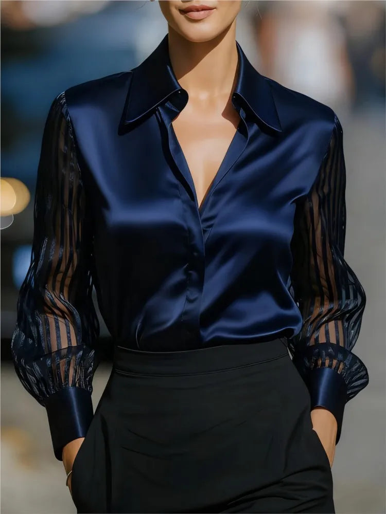 Haut de transport de tempérament pour femmes, nouvelle chemise Simple à manches longues, couleur unie, polyvalente, ample, revers en Satin, printemps et automne