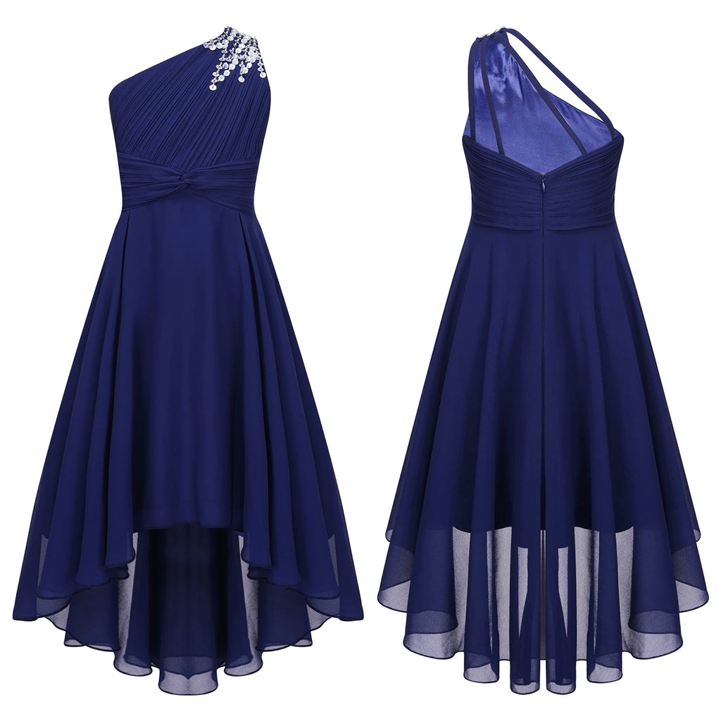 Robe d'été en mousseline de soie pour filles, tenue de princesse à paillettes, asymétrique épaule dénudée, sans manches, robe Maxi de demoiselle d'honneur junior, robes de fête de mariage