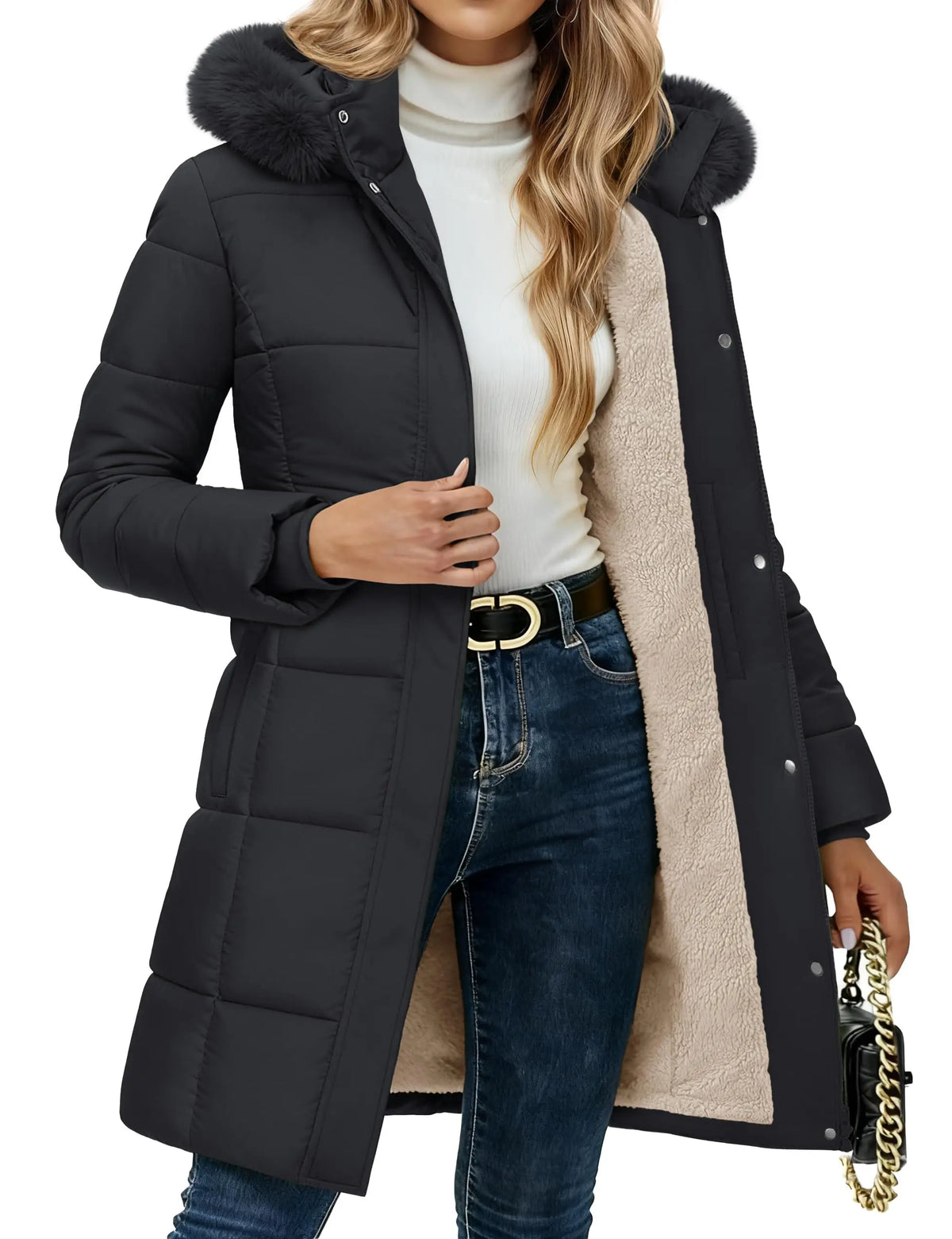 Manteau d'hiver pour femme TACVASEN, doublé en sherpa, coupe-vent, mi-long, matelassé, chaud, avec capuche en fourrure amovible