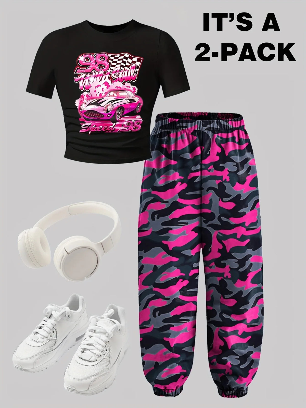 Ensemble 2 pièces pour filles, t-shirt court imprimé Racing et pantalon de jogging camouflage rose, tenue décontractée streetwear Y2K