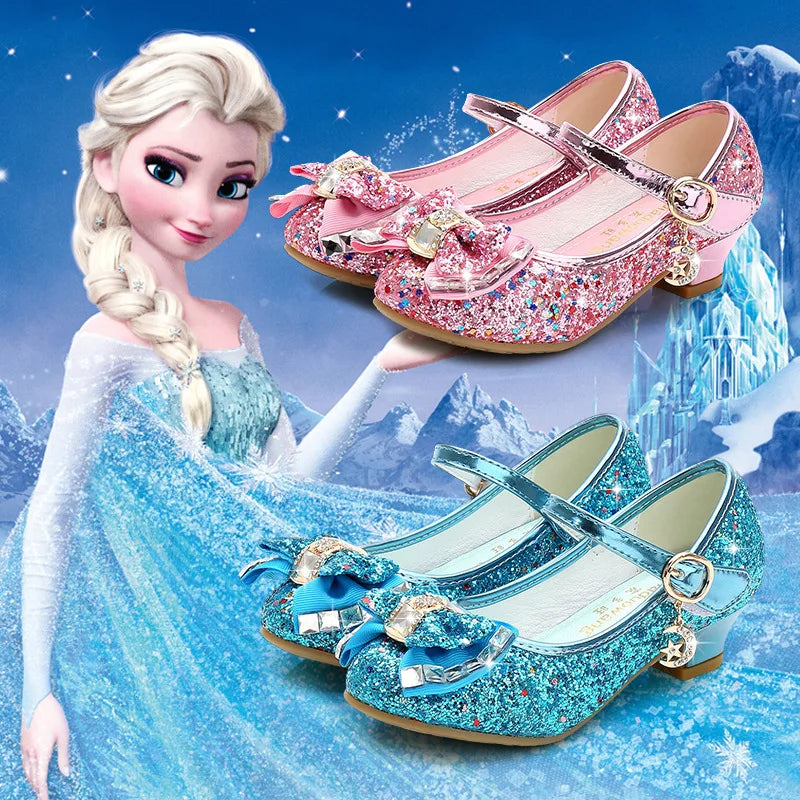 Chaussures princesse en cuir pour filles, chaussures à fleurs décontractées à paillettes, talons hauts, nœud papillon, bleu, rose, argent