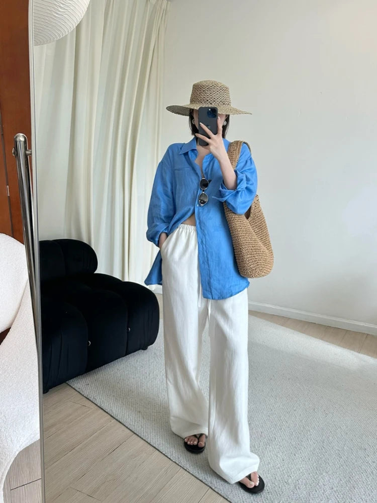 Pantalon large en lin décontracté, coupe droite, blanc, avec cordon de serrage, style coréen, été 2026