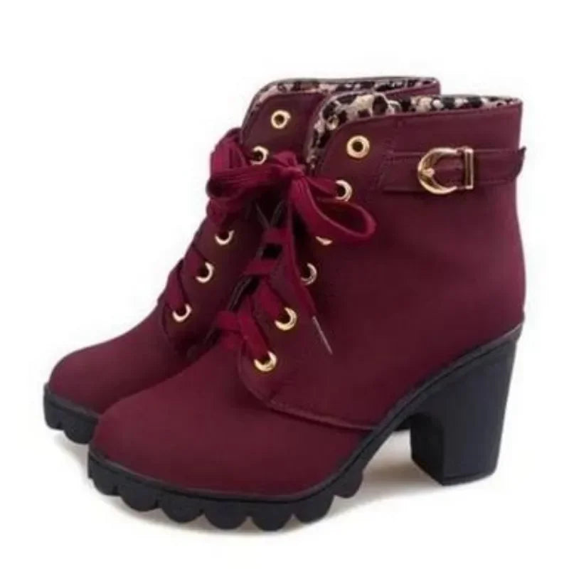 Bottes d'hiver à talons hauts pour femmes, bottes courtes à lanières croisées, confortables, imperméables, chaudes, grande taille 42, Botas Femininas