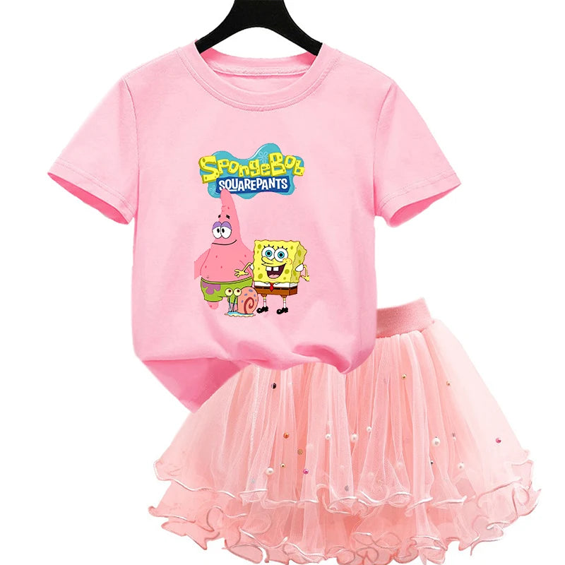 Robe Bob l'éponge pour filles, vêtements d'anniversaire pour enfants, robe de princesse de fête, T-shirt + jupe Tutu, cadeau de soirée d'été, 2 pièces/ensemble