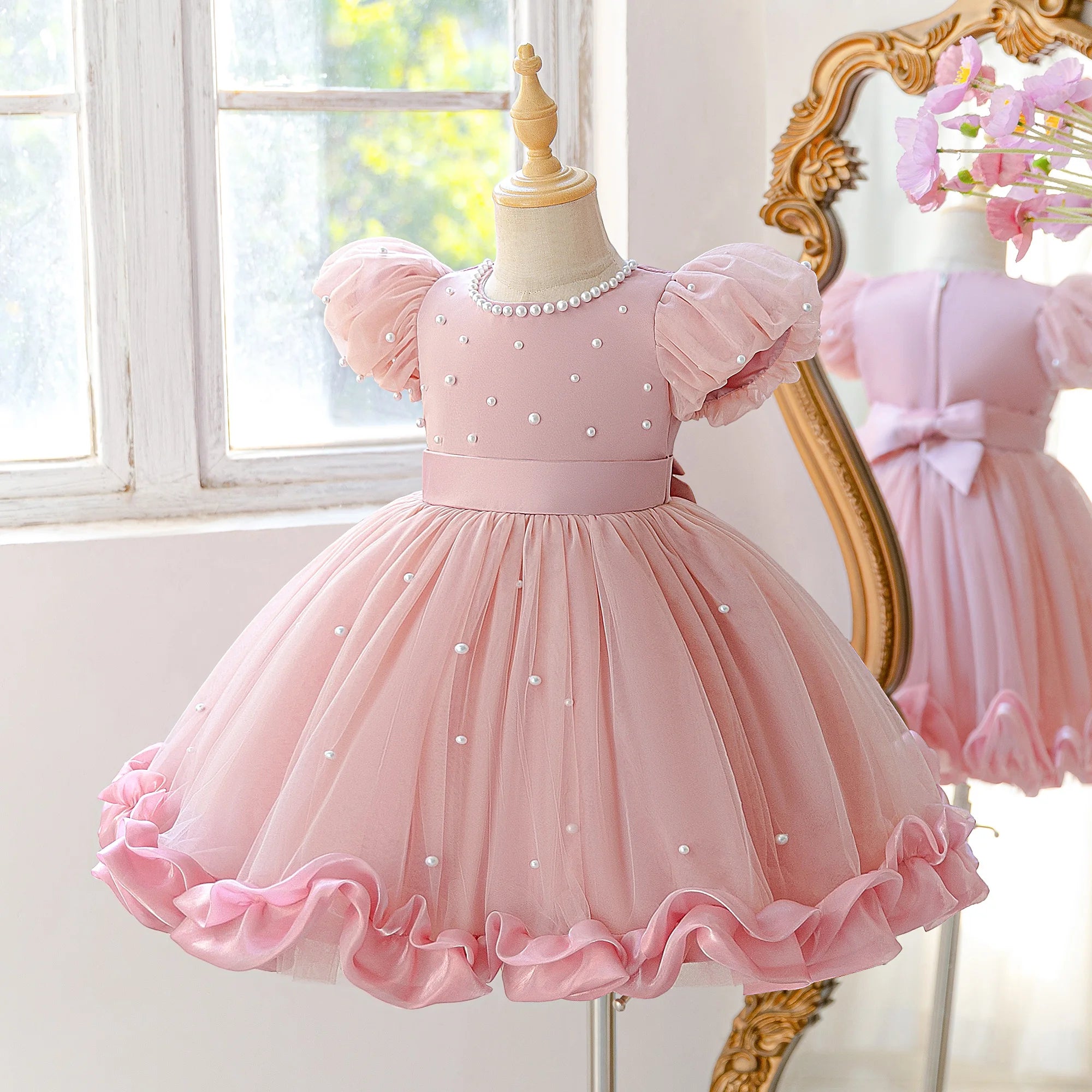 Robe de princesse élégante pour filles, en tulle, avec imitation de perles, pour l'été, les anniversaires, les bals de promo, les mariages, les demoiselles d'honneur et les concours de beauté