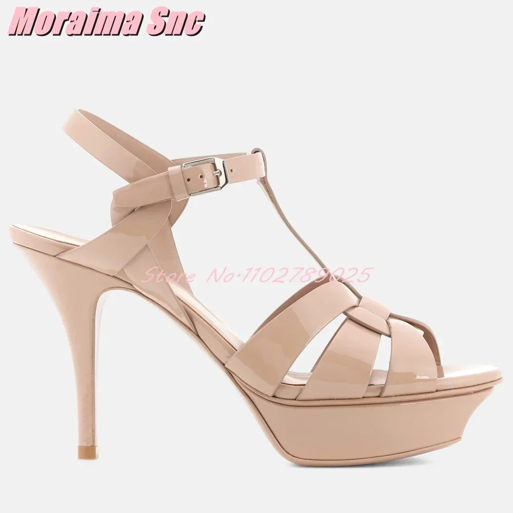 Waeve-Sandales à plateforme en cuir verni pour femmes, bride en T, talon aiguille carré, sangle de rinçage, chaussures provoqué à la mode sexy