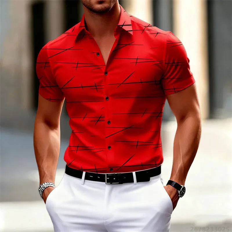 Chemise à manches courtes pour homme, 18 couleurs, nouvelle collection 2026, imprimé lignes géométriques, style urbain décontracté, col slim, tissu confortable