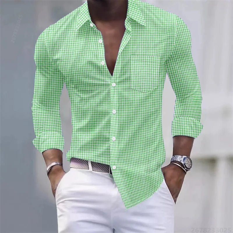 Chemise pour hommes 13 couleurs, chemise à manches longues à carreaux bleu clair et blanc, haut pour hommes coupe slim, décontracté, d'affaires et de déplacement.