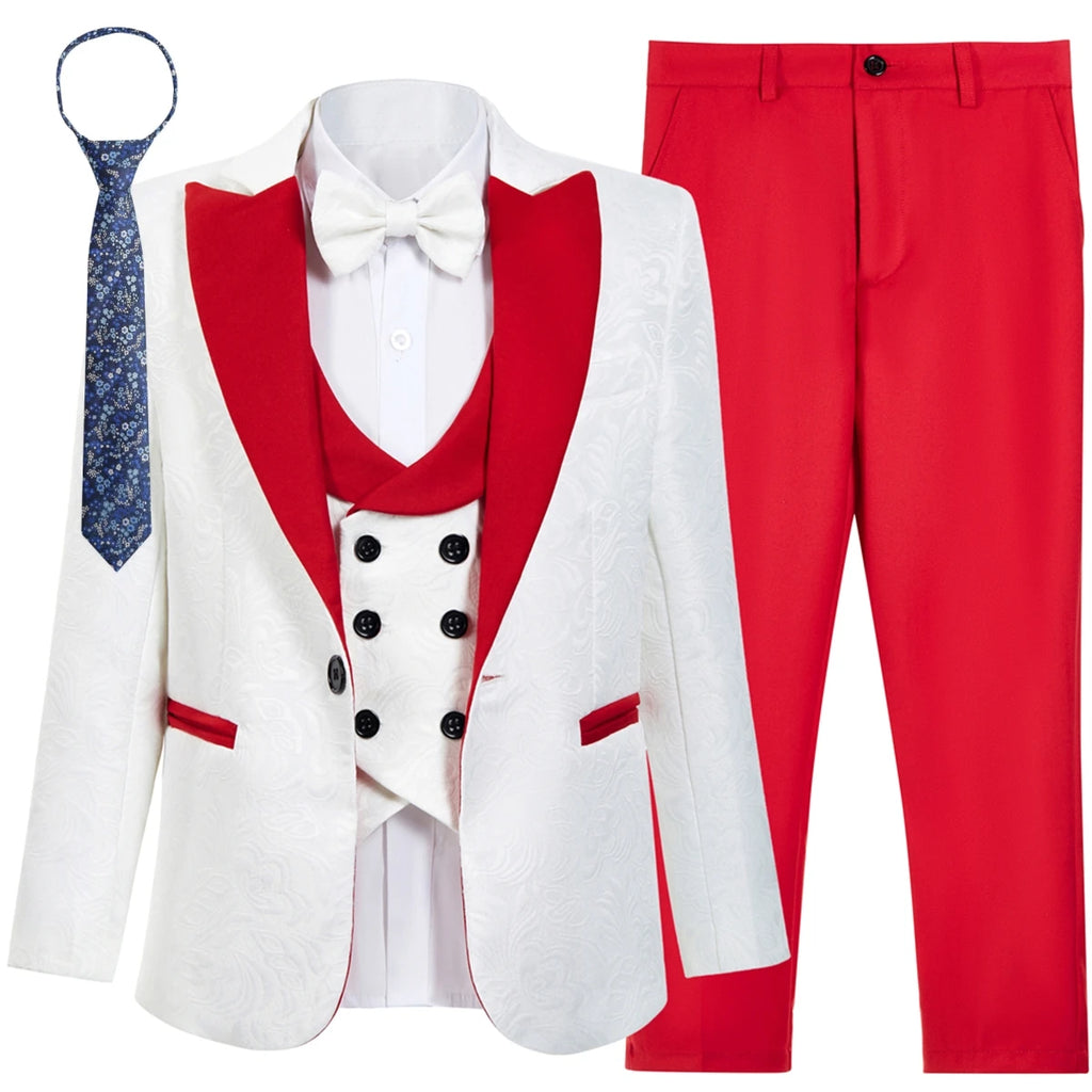 Ensemble de costume jacquard de luxe 5 pièces pour garçon, idéal pour les occasions formelles et les mariages (garçon d'honneur) - Veste, gilet, pantalon, nœud papillon et cravate - Expédition aujourd'hui