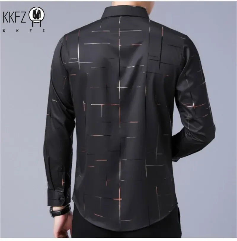 Chemise imprimée à manches longues pour hommes, haut d'affaires décontracté et à la mode, sans repassage et résistant aux rides