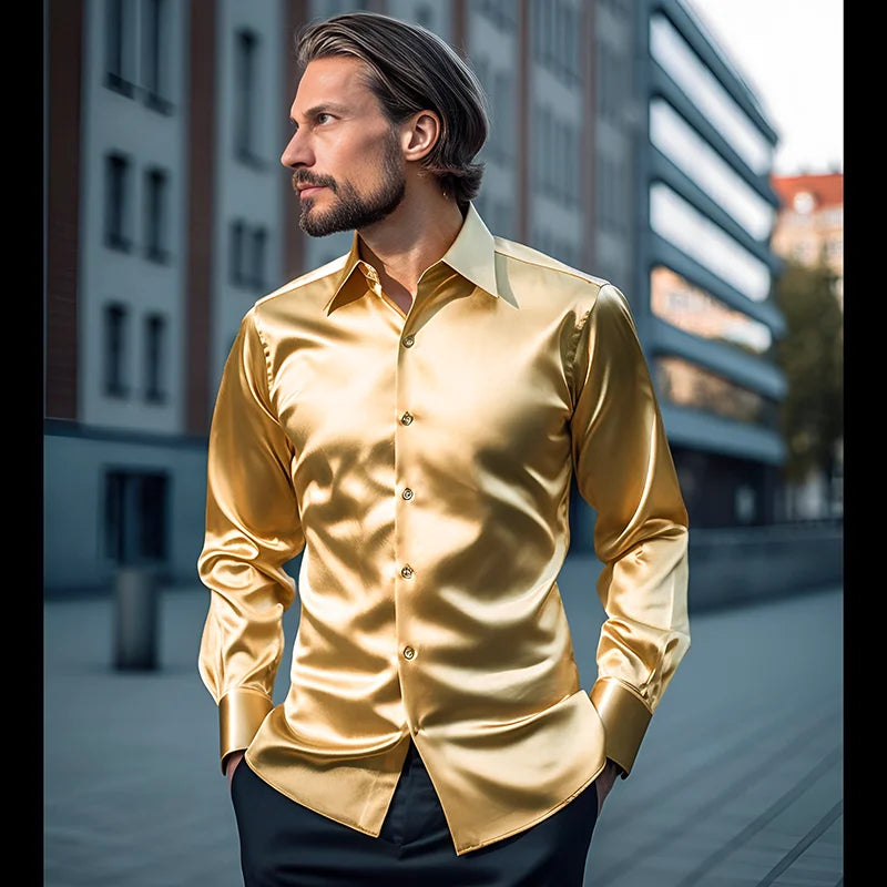 Hommes Satin luxe robe chemises mode soie lisse mâle smoking chemise solide fête de mariage bal chemise décontractée bureau d'affaires