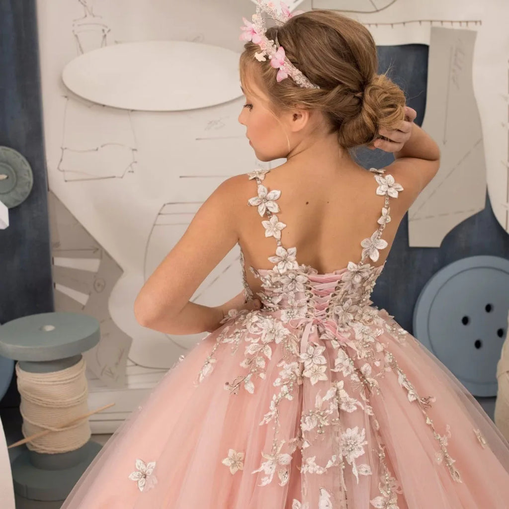 Robe à fleurs rose clair personnalisée pour filles, en Tulle, avec des Appliques de fleurs, sans manches, pour mariage, fête d'anniversaire, bal, Banquet, robe de princesse