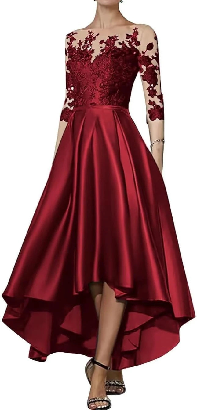 Robe en satin à col en V pour mère de la mariée, robe trapèze élégante longueur thé, devant court, dos long, invité de mariage
