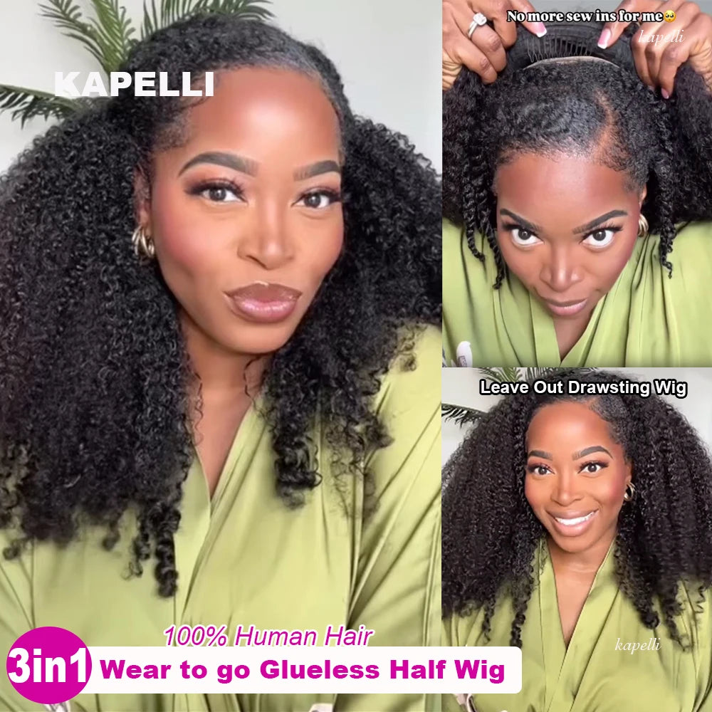 Demi-perruque de cheveux humains 180% demi-perruque crépus bouclés perruques de cheveux humains 3 en 1 ligne de cheveux Invisible porter aller avec cordon sans couture