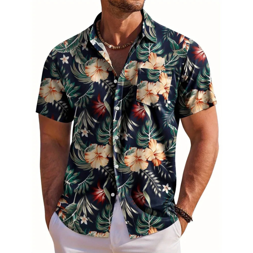 Men's Short Sleeve Shirt Hawaiian Botanical Flower Print Lapel Seaside Button-Down Shirt Top Casual Fashionable Shirts