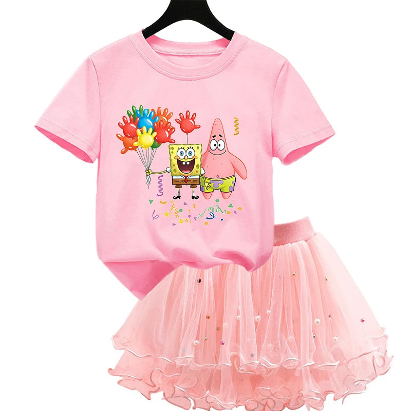 Robe Bob l'éponge pour filles, vêtements d'anniversaire pour enfants, robe de princesse de fête, T-shirt + jupe Tutu, cadeau de soirée d'été, 2 pièces/ensemble