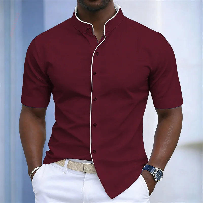Chemise d'été pour homme à col montant et manches courtes, 20 couleurs, design color block tendance, coupe ajustée, chemise décontractée pour affaires, tailles XS-6XL