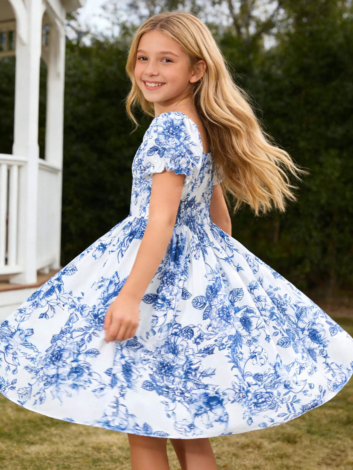 Robe à manches courtes à bulles pour filles, robe florale élégante et à la mode pour les activités et les fêtes de loisirs en plein air d'été
