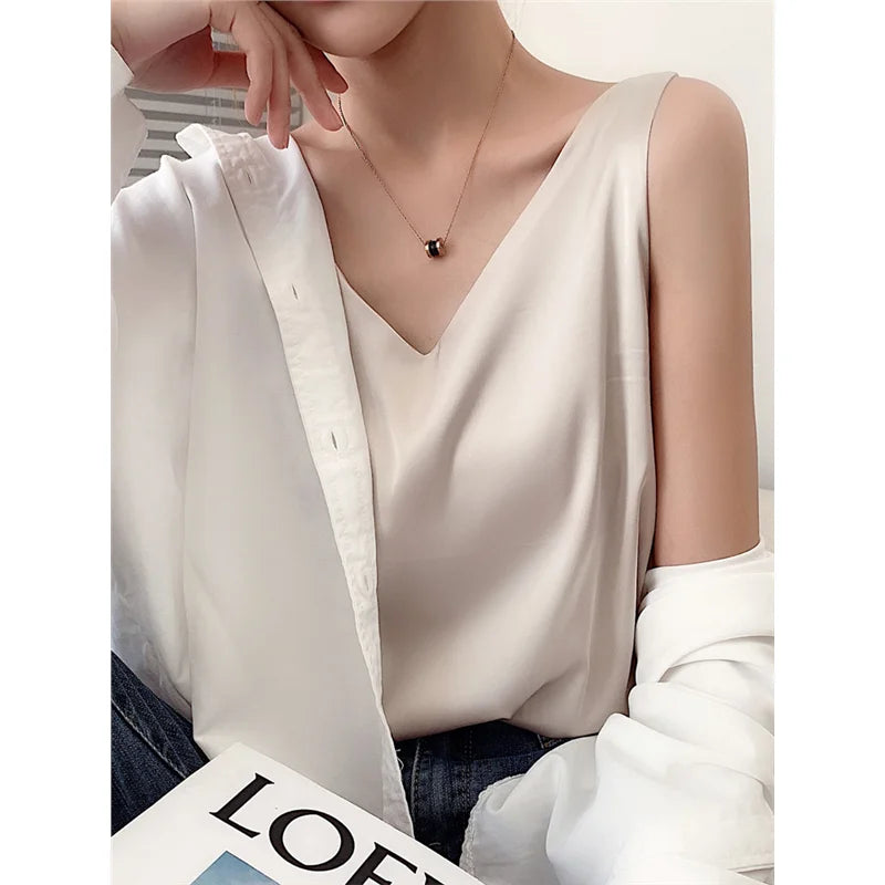 Débardeur en soie pour femme, en soie glacée, dos élégant, blanc et noir, style décontracté, col en V, pour l'été, taille L