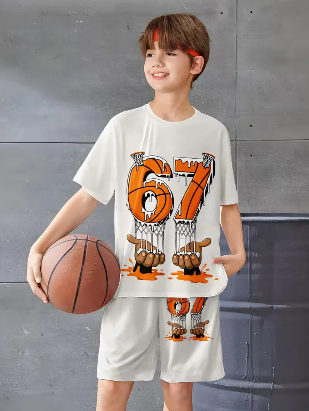 Ensemble 2 pièces pour enfants : T-shirt à manches courtes et short imprimé chiffres 6 et 7, style 'Brainrot' italien amusant, pour garçons