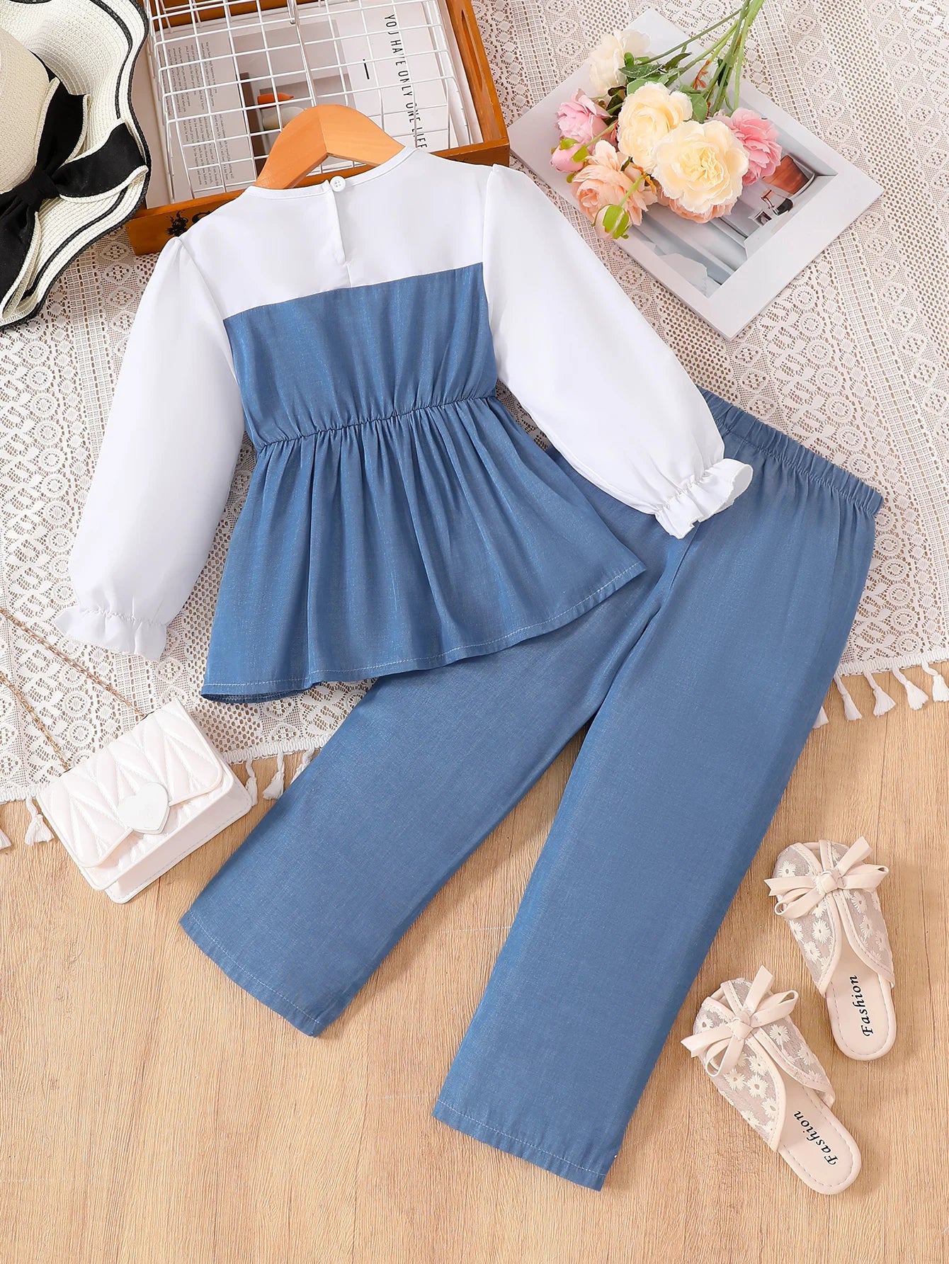 Ensemble deux pièces en Denim Patchwork pour filles, avec manches blanches, jupe bleue, haut et pantalon Long en Denim pour enfants, printemps-automne