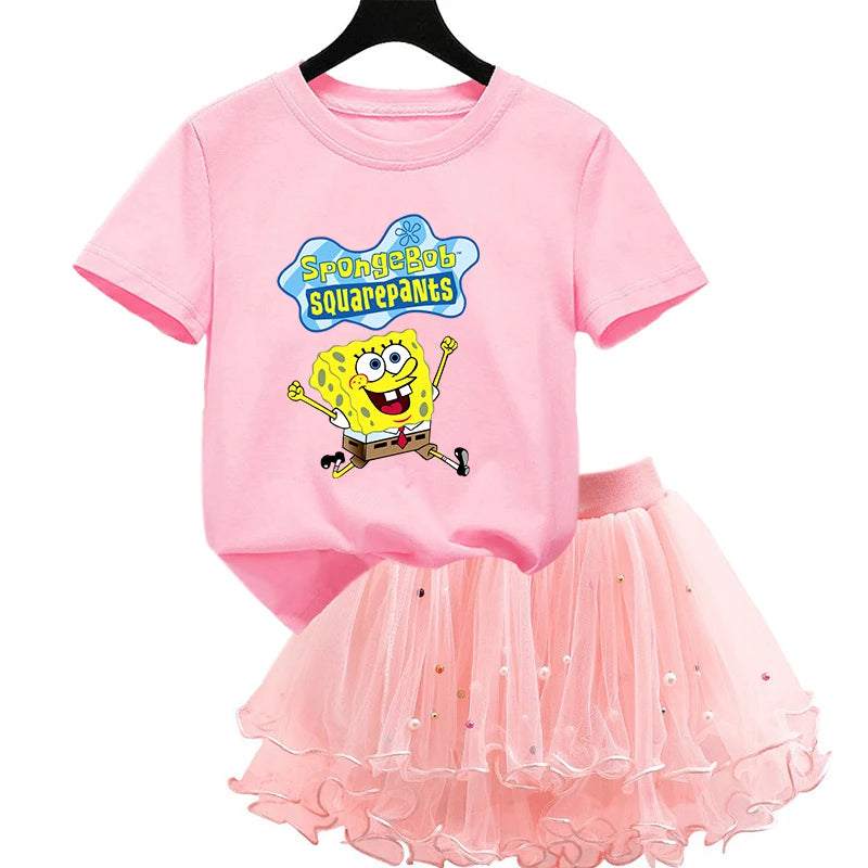 Robe Bob l'éponge pour filles, vêtements d'anniversaire pour enfants, robe de princesse de fête, T-shirt + jupe Tutu, cadeau de soirée d'été, 2 pièces/ensemble
