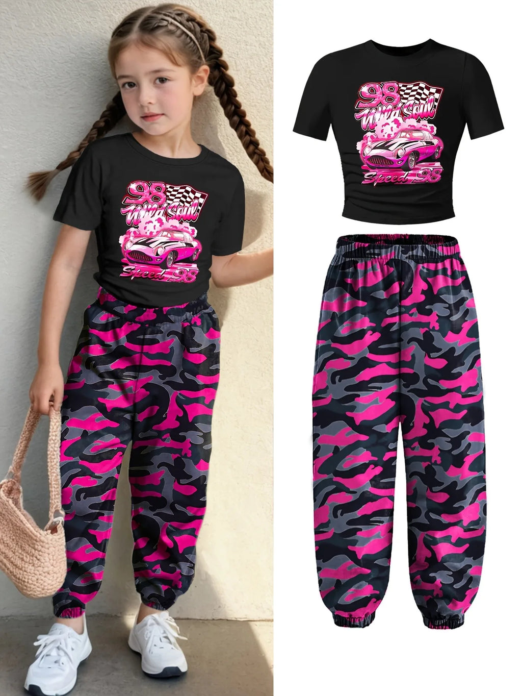 Ensemble 2 pièces pour filles, t-shirt court imprimé Racing et pantalon de jogging camouflage rose, tenue décontractée streetwear Y2K