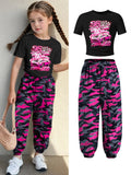 Ensemble 2 pièces pour filles, t-shirt court imprimé Racing et pantalon de jogging camouflage rose, tenue décontractée streetwear Y2K