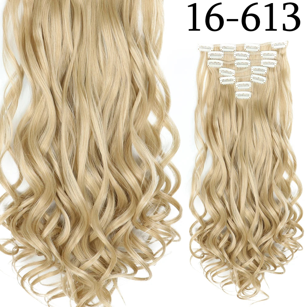 Extensions de Cheveux Synthétiques Longs et Lisses, Postiches Blondes Noires, Degré de Chaleur, Faux Cheveux, 24 Pouces, 16 Clips