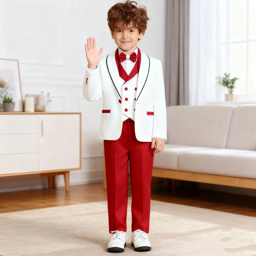 Vente chaude rouge blanc contraste garçons costume formel ensemble 3-14 ans 2026 4 pièces enfants mariage smoking Blazer gilet pantalon nœud papillon