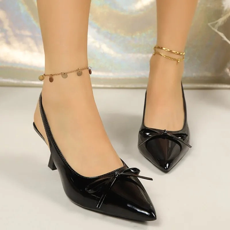 Escarpins à talon chaton pour femme, en cuir verni noir, à bout pointu, avec nœud, pour soirée et bureau, grandes tailles