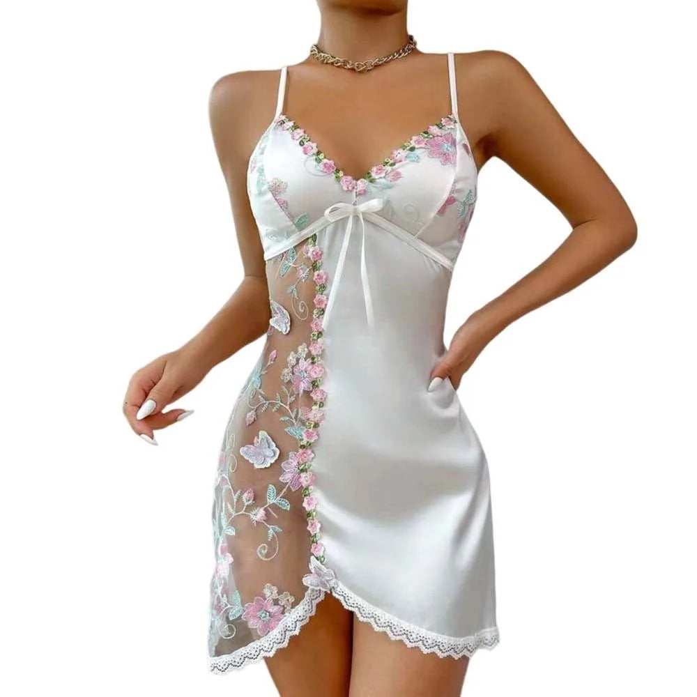 Robe de nuit pour femme en dentelle fine avec nœud, brodée, en maille transparente, en soie glacée, à bretelles, sans manches