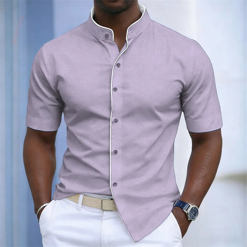 Chemise d'été pour homme à col montant et manches courtes, 20 couleurs, design color block tendance, coupe ajustée, chemise décontractée pour affaires, tailles XS-6XL