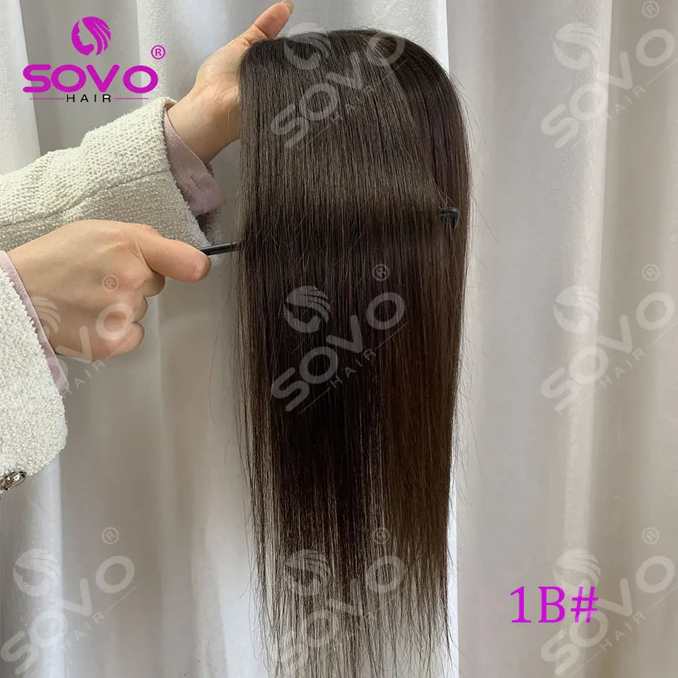Topper de cheveux humains lisses avec mèches pour femmes 10x12CM, postiche à base de peau avec 4 clips, cheveux humains véritables respirants
