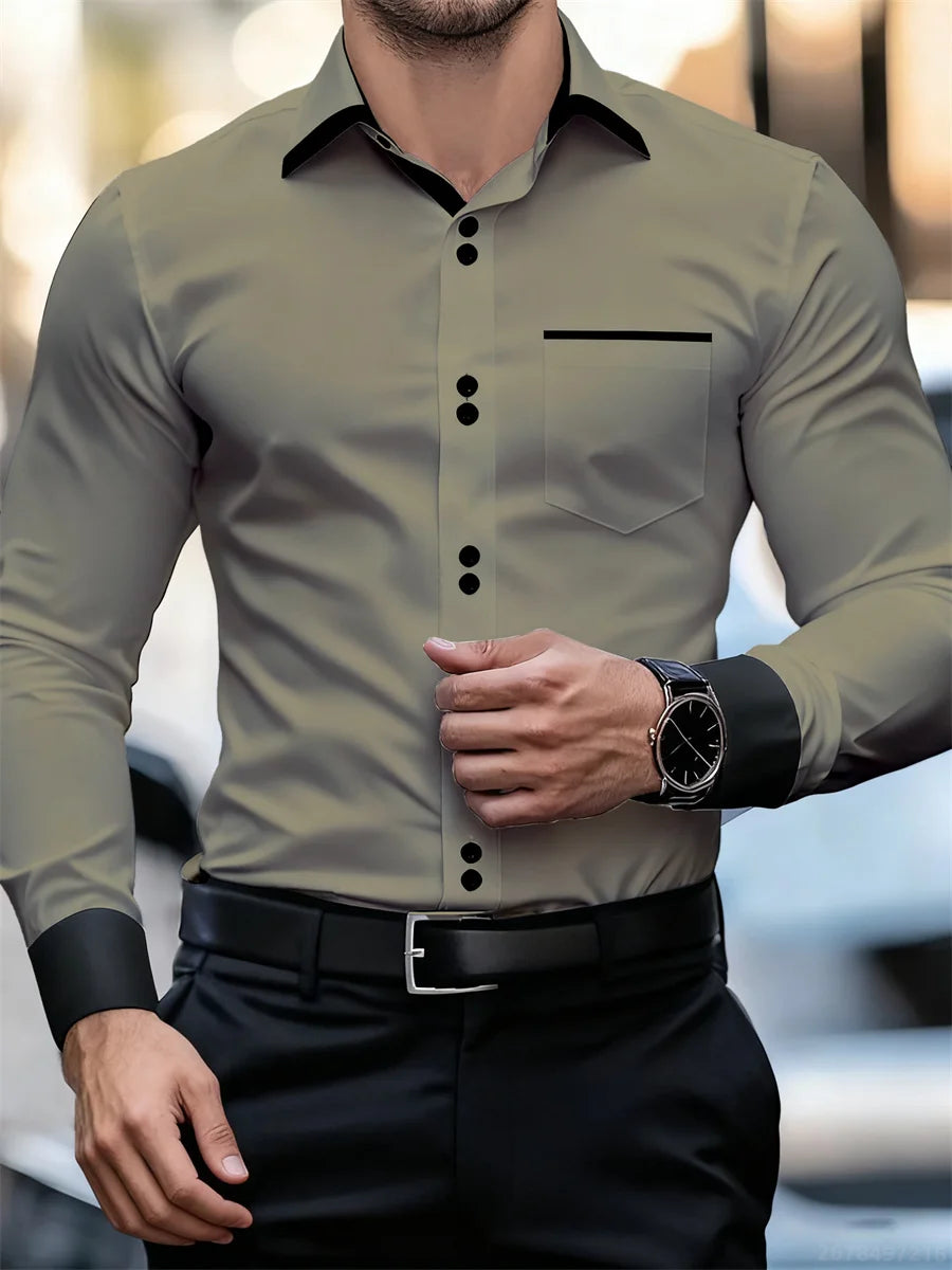 Chemise à manches longues à col bloc de couleur pour hommes d'affaires, coupe ajustée, sans plis, chemise Patchwork noir et blanc, haut tendance pour hommes
