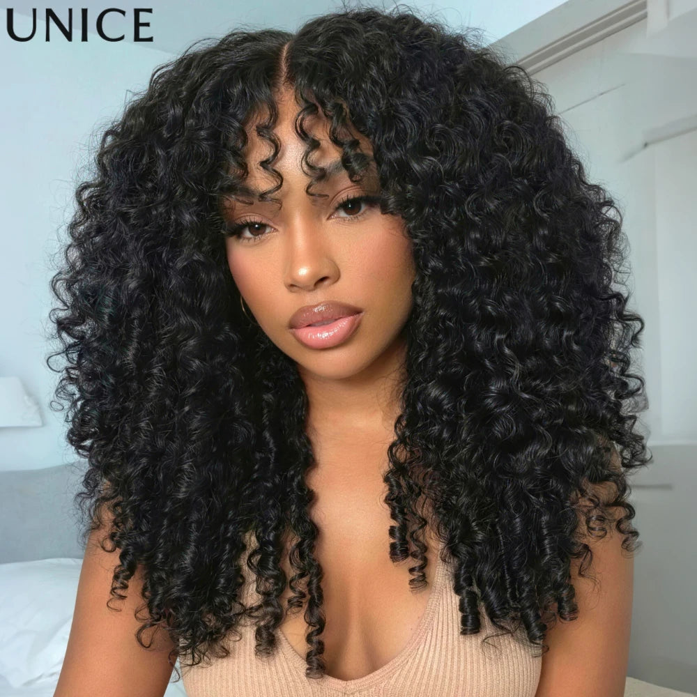 Perruque bouclée birmane UNice avec frange et pointes à boucles fines 7x5, perruque en cheveux humains sans colle Bye-Bye Slip Lace, prête à l'emploi, densité 150%