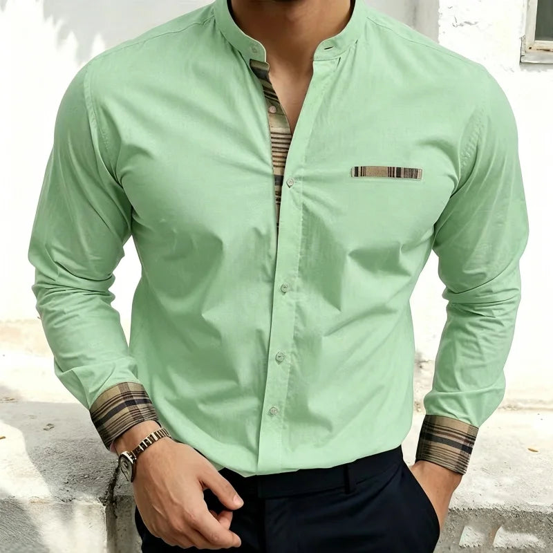 Chemise blanche à col montant pour homme, nouvelle collection, avec coutures à carreaux rétro, texture légère et luxueuse, haut à manches longues style business casual, tailles XS-6XL