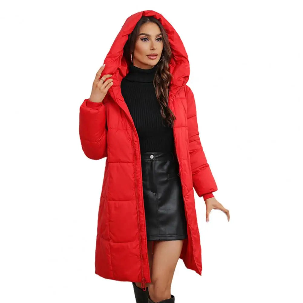 Veste d'hiver longue à capuche pour femme, manteau d'hiver matelassé et épais avec capuche, taille ajustée, longueur mi-longue