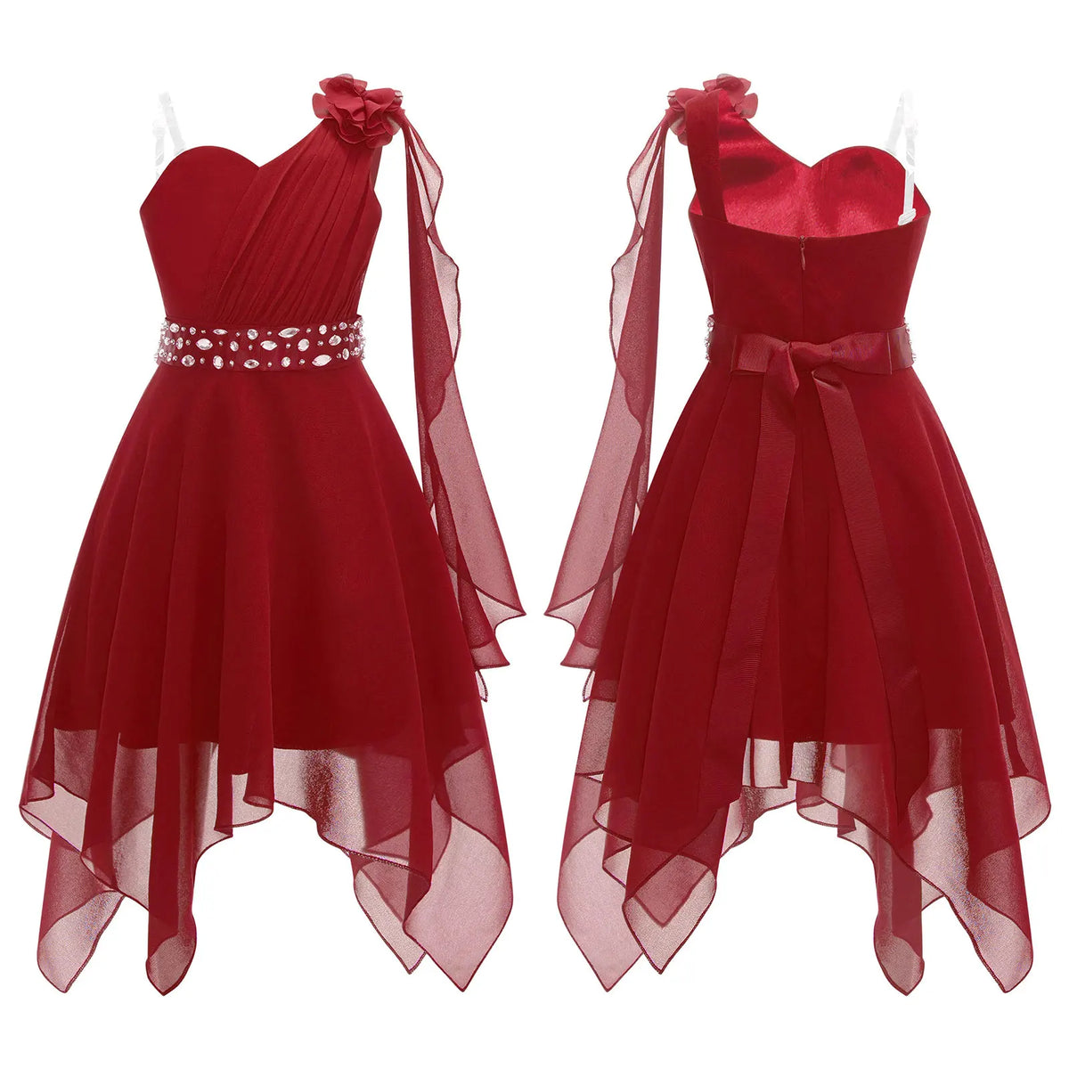 Robes d'été sans manches pour filles, col licou, en mousseline de soie, à volants, robe de soirée de mariage pour demoiselle d'honneur junior, robe irrégulière en Faux diamant