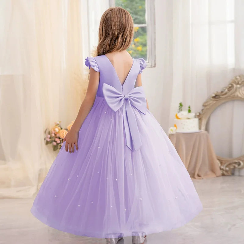 Robe de princesse d'été en tulle à fleurs pour fille, dos nu, avec nœud, pour anniversaire, mariage, piano, fête, ou tenue de cérémonie pour bébé fille