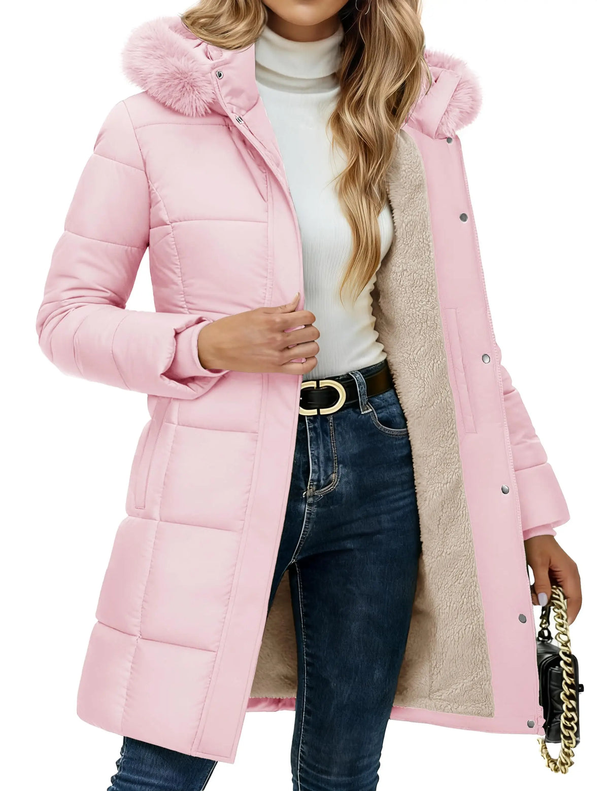 Manteau d'hiver pour femme TACVASEN, doublé en sherpa, coupe-vent, mi-long, matelassé, chaud, avec capuche en fourrure amovible