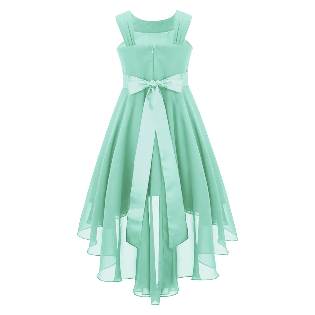 Robe de princesse à fleurs pour filles, robe formelle de demoiselle d'honneur junior, de fête de mariage, sans manches, froncée, jupe haute et basse en mousseline de soie, robes de bal