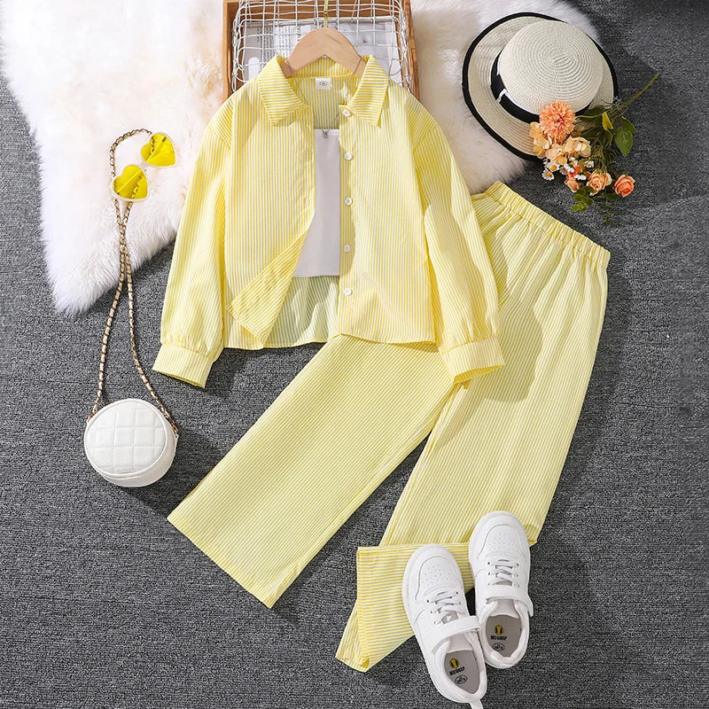 Haut à manches longues rayé jaune pour enfants, pantalon rayé jaune imbibé, étiquettes simples classiques, printemps et automne, filles de 4 à 12 ans