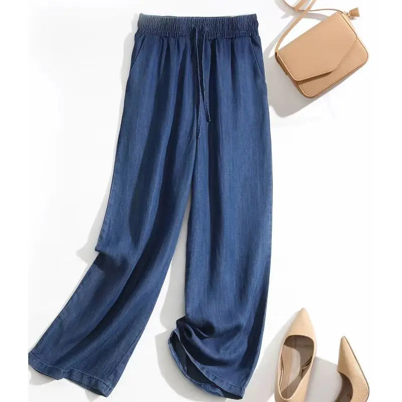 Jean d'été taille haute en soie glacée élastique, coupe droite, jambe large, pantalon ample pour femme, grandes tailles