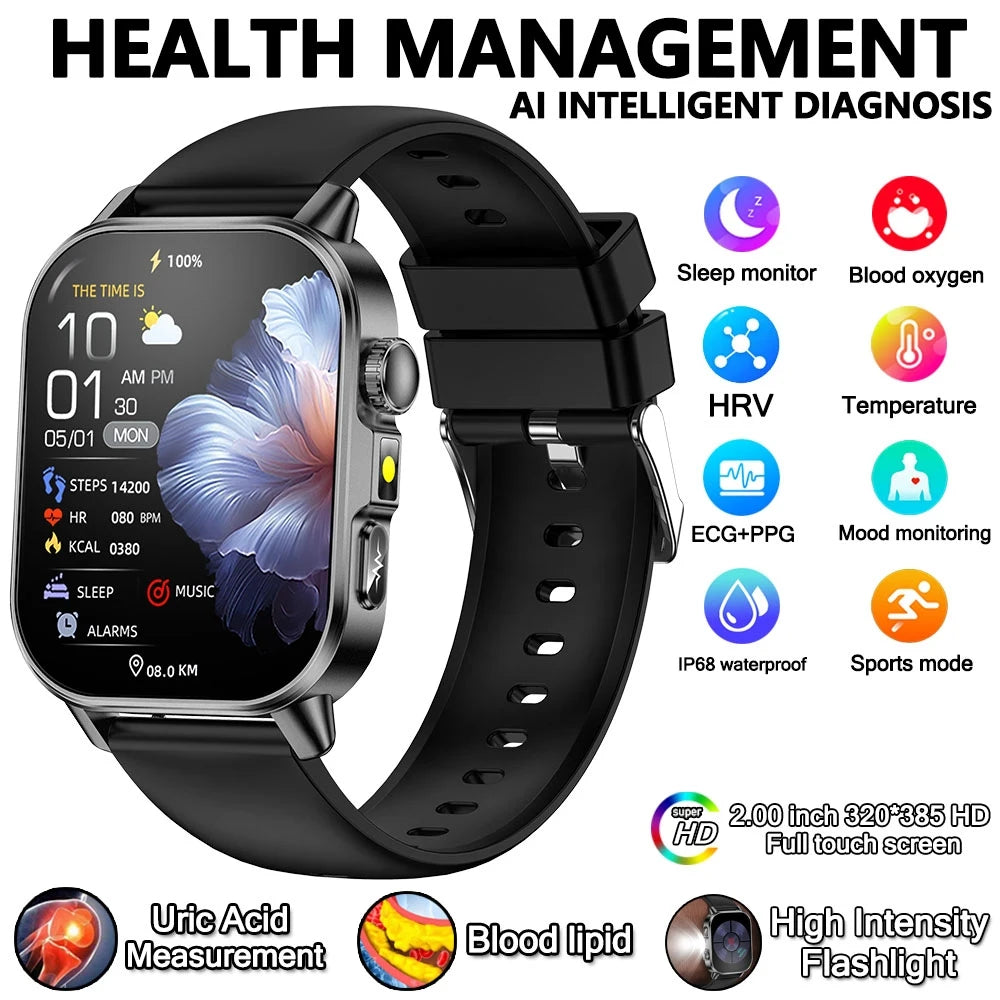 Montre connectée pour hommes et femmes, nouveau modèle d'analyse de la santé des acides uriques et des lipides, ECG + PPG, appel Bluetooth, lampe de poche 2026 pouces, 2.021