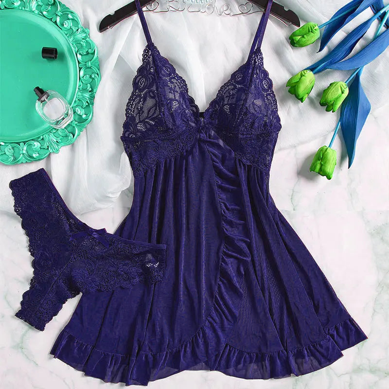 Ensemble de lingerie féminine S-2XL en dentelle, comprenant une nuisette à bretelles spaghetti et col en V, des culottes transparentes et un kit de pyjama intime