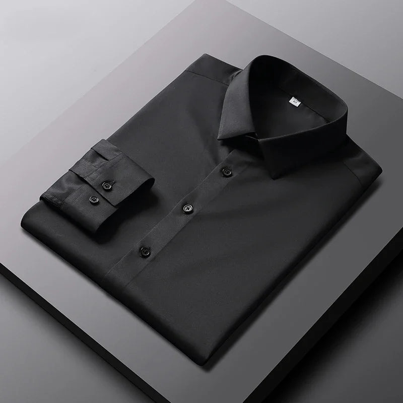 Chemise à manches longues pour hommes, couleur unie, décontractée et à la mode, haut d'affaires sans repassage et résistant aux rides